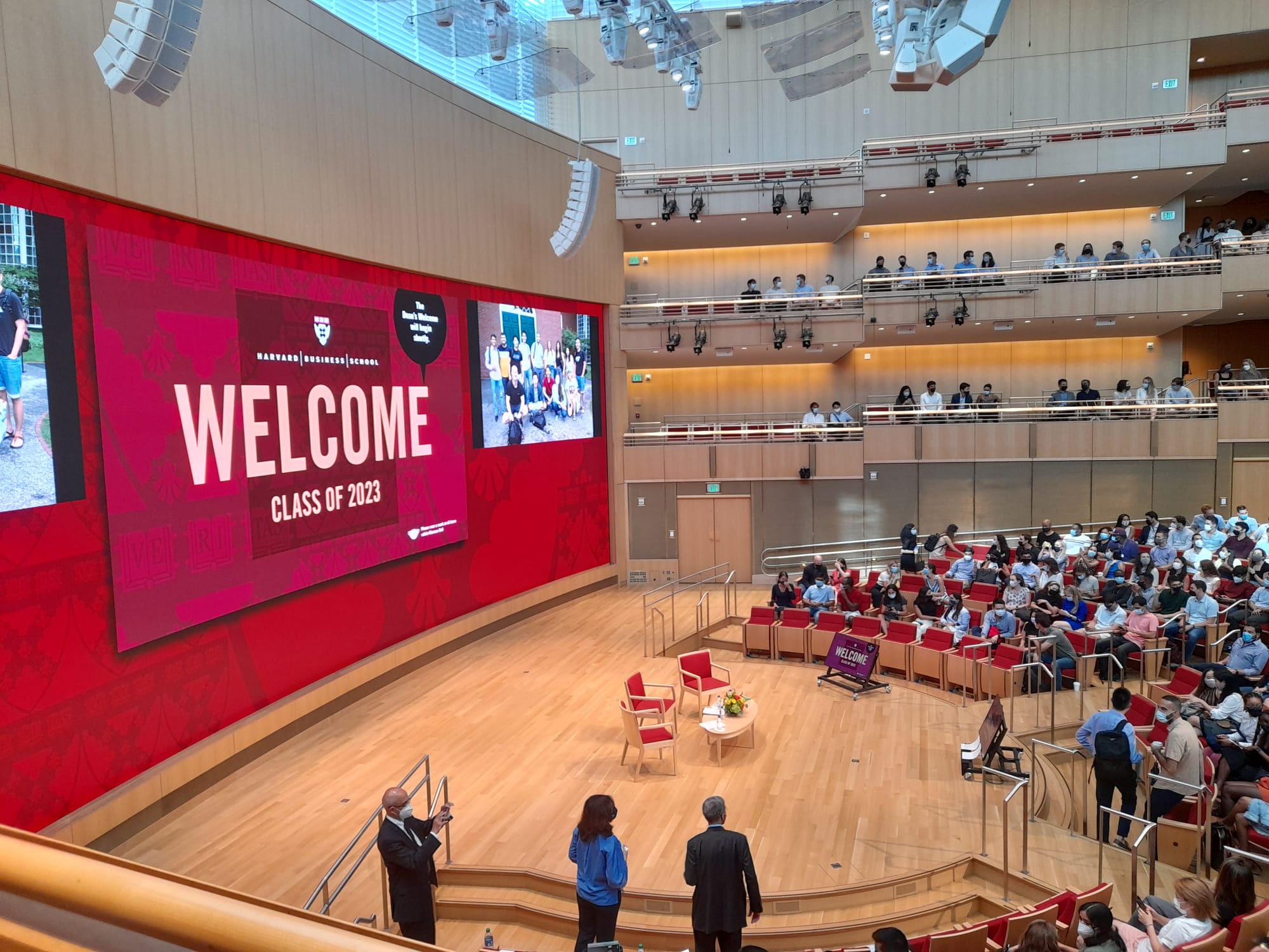 Harvard Business School welcome session for the incoming MBA class in Klarman Hall.
